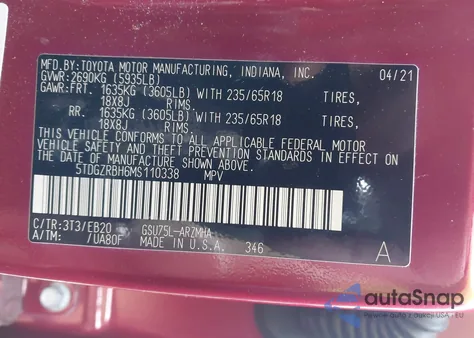 2021 Toyota Highlander Xle из США, поврежденный, VIN 5TDGZRBH6MS110338